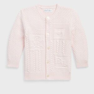 POLO RALPH LAUREN Delicate Pink Long-Sleeve Organic Cotton Novelty Bear Cardigan